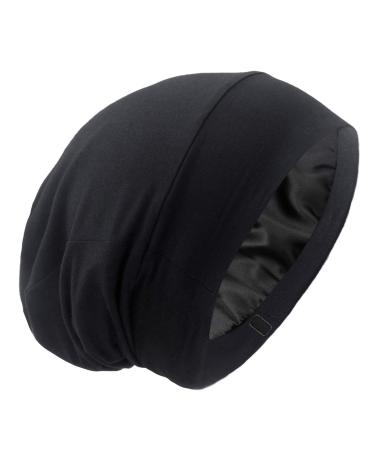 Silky Satin Lined Bonnet Sleep Cap - Adjustable Stay on All Night Hair Wrap Cover Slouchy Beanie for Curly Hair Protection for Women and Men - Solid Black