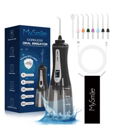 MySmile Powerful Cordless Water Dental Flosser Portable Oral Irrigator with OLED Display 5 Modes 8 Replaceable Jet Tips and 350 ML Detachable Water Tank for Home Travel Use (Black)