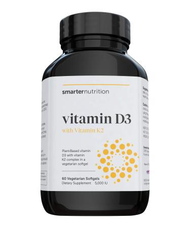 Plant-Based Vitamin D3 Immune Support with Vegan K2 Complex in a Vegetarian Softgel - Includes 5 000 IU of Vitamin D for Immunity Boost  Complete Bone Health & Arterial Protection (1 D3+K2) 60 Count (Pack of 1)