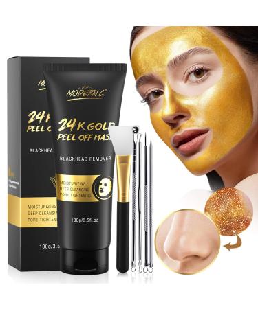 Blackhead Remover Mask, 24K Gold Peel Off Mask, Gold Facial Mask Anti-Aging, Deep Cleansing, Reduces Fine Lines& Wrinkles Great for All Skin, With Blackhead Remover Extractor Tools Kit & Mask Brush Golden Mask