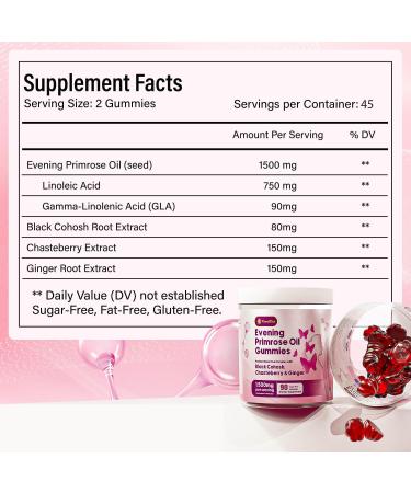 FloraBliss 90 Evening Primrose Oil Gummies | 1500mg | with Black Cohosh, Chasteberry, Ginger Extract for Daily Women's Wellness Support | Vegan, Non-GMO, Sugar-Free - Buy Online on GoSupps.com
