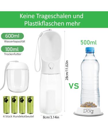Buenotec 600ml Dog Drinking Bottle with Feed Container & Waste Bags - BPA-Free Portable Water Bottle with Activated Carbon Filter for Dogs & Cats - Travel Essential (White) - Buy Online on GoSupps.com
