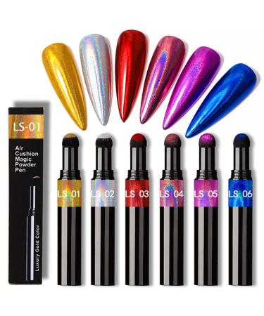 Roseflower 6 sticks air cushion chrome powder pencil - nail chrome powder - holographic nail powder decoration shiny metallic mirror effect - durable DIY nail art manicure tool#1
