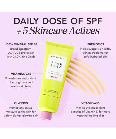 HERBIVORE Star Seed Sheer Glow SPF 30 Sunscreen - 100% Mineral Silicone-Free with Vitamin C & Prebiotics Universal Tint - Benzene-Free 50 mL - Buy Online on GoSupps.com