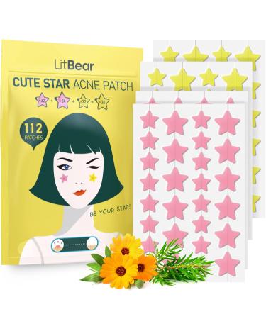 LitBear Acne Patch Pimple Patch Pink & Yellow Star Shaped Acne Absorbing Cover Patch Hydrocolloid Acne Patches For Face Zit Patch Acne Dots Tea Tree Oil + Centella 112 Patches 14mm & 10mm 112 Count (Pack of 1)