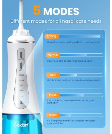 GOLDANT 350ML Neti Pot Sinus Rinse Kit with 40 Nasal Rinse Salt Packets Nasal Irrigation System with 5 Modes 4 Nozzles Cordless Rechargeable IPX7 Waterproof Nose Cleaner (350ML No Salt) - Buy Online on GoSupps.com