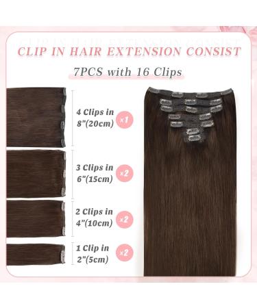Vlasy Clip in Hair Extensions 16 Dark Brown Human Hair 7 Pieces Seamless Thick Weft Extensions for Women - 80g - Buy Online on GoSupps.com