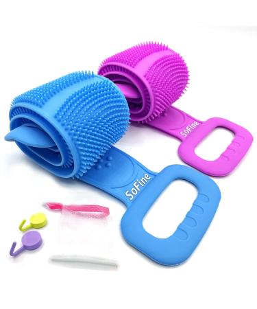 2 Pcs Sofine Silicone Bath Scrubber with Massage Beads&Soft Bristles Back Scrubber Back Body Brush Extended Back Washer Exfoliator Back Loofah Sponge Exfoliating Cleaner Lotion Applicator Extra Long