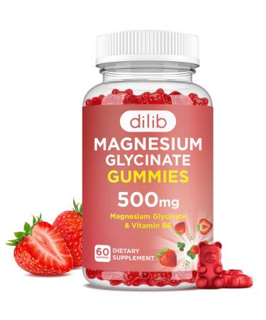 Magnesium Glycinate Gummies 500mg Magnesium Supplement with Vitamin B6-Natural Calm Gummies-Calm Mood Muscle & Sleep Support-Strawberry Flavor 60 Gummies