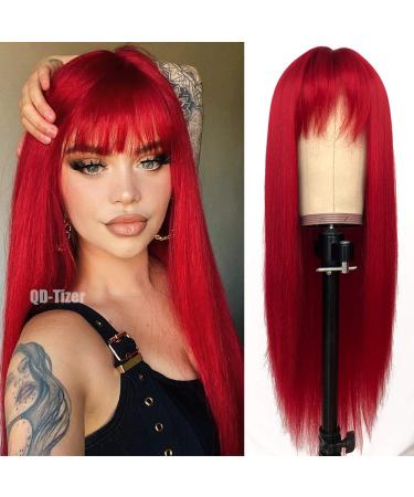 QD-Tizer Red Color Long Silky Straight Wigs with Bangs Synthetic No Lace Wig for Fashion Women Heat Resistant Natural Looking Hair Wig for Party Cosplay A-red