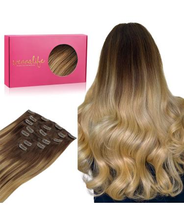 WhenALIFE CLIP in Extensions Real hair 35cm 14 inches 120g 7Pcs Balayage chocolate brown up to dirty blonde hair extensions clip in real hair remy clip in hair extension natural real hair extensions 35cm-12/18 balayage chocolate brown up to dirty blonde