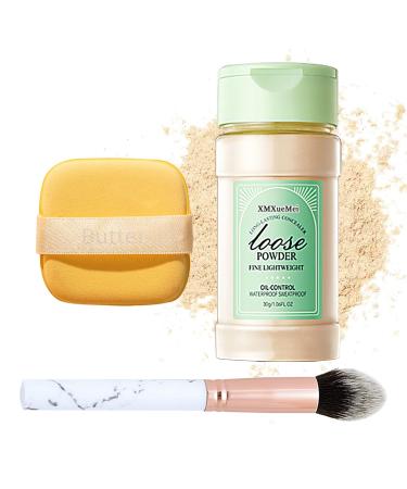 Lightweight Setting Powder Waterproof Oil Control Translucent Face Powder Smooth Long Lasting Matte Finish Loose Powder with Face Makeup Brush & Powder Puff(Natural Color)