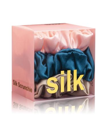 Silk Scrunchies for Hair 100% Mulberry Silk Hair Ties 3 Pack(Pink Peacock Blue Apricot) 01Pink Peacock Blue Apricot)