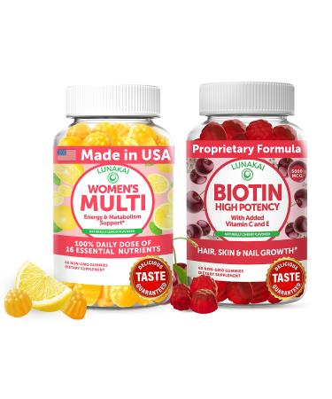 Lunakai USA Made Women s Multi & Biotin Gummies Bundle 16 Essential Nutrients Biotin 5000 mcg Vitamins C & E 60 Ct Each