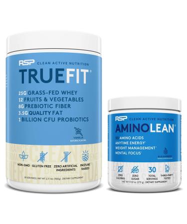 AminoLean Pre Workout Energy (Blue Raspberry 30 Servings) with TrueFit Protein Powder (Vanilla 2 LB)