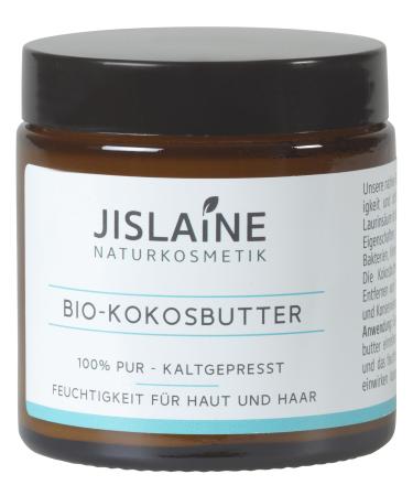 Jislaine organic coconut butter 100g cold -pressed - vegan & without palm oil - for skin hair or lips & also used as a make -up remover - can be used in the glass treat