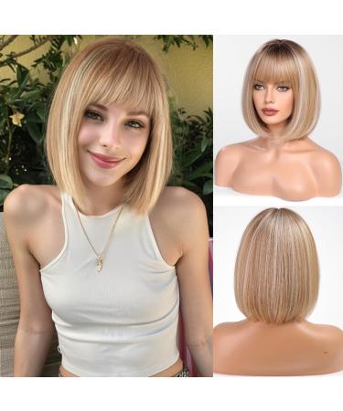 Haircube just short charming bob with bangs wigs for woman nature heat -resistant synthetic fiber party/cosplay/costume/daily wig (ombre blond with highlight)