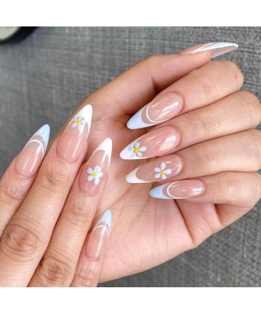 Almond Flower False Nails Short 24Pcs Oval French Fake Nails Light Blue and White Press on Nails with Floral Nude French Nail Tips with Nail Glue Stick on Nails for Women Girls Nails Art blue 29 Piece Set