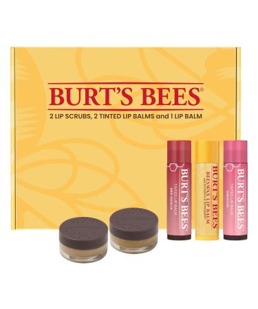 Burt's Bees Lip Care & Color Gifts Kit - Original Beeswax Moisturizing Lip Balm Hibiscus & Red Dahlia Tinted Stain + Balm Duos Conditioning Scrub & Overnight Sleeping Mask Exfoliator