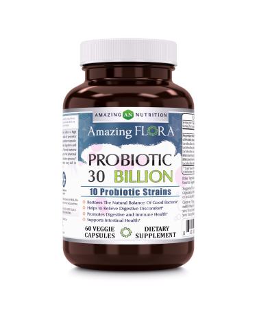 Amazing Flora Probiotic 10 Best Probiotics Strains, Veggie Capsules -Including Acidophilus, plantarum, rhamnosus etc * Supports Digestive & Immune Health * (30 Billion, 60 Count) 60 Count (Pack of 1)