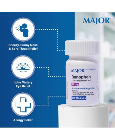 MAJOR Banophen Diphenhydramine HCI 25 mg Minitabs - Temporary Relief from The Symptoms of Hay Fever Common Cold and Upper Respiratory Allergies - Antihistamine Allergy Medicine - 100 Count (1 Pack) 100 Count (Pack of 1) - Buy Online on GoSupps.com