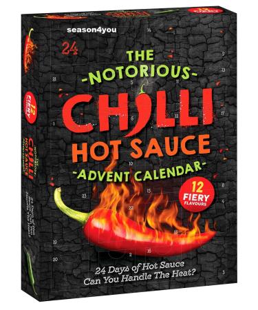 Chilli Hot Sauce Advent Calendar 2023-2024 Christmas Countdown 24 Days with 12 Fiery Flavours Men Women Vegetarian and Vegan Christmas Adults Food Chilli Lovers Gift Red