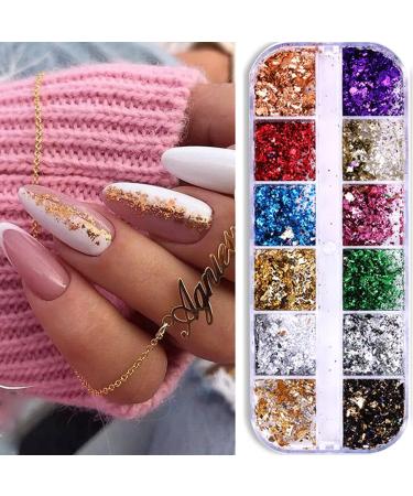 Holographic Nail Glitter Foils - 12 Colors Crafts Stickers Sequins for Women & Girls Manicure | Sparkly Aluminum Foil Art Flakes - Buy Online on GoSupps.com