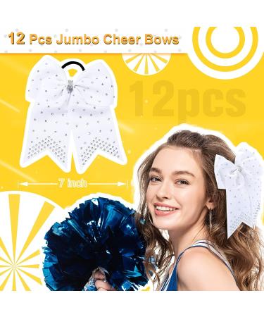 12pcs Jumbo Cheerleader Bows with Rhinestones - 7 Inch Ponytail Holder Hair Bows for Teen Girls - Softball Cheerleader Sports - White - Buy Online on GoSupps.com