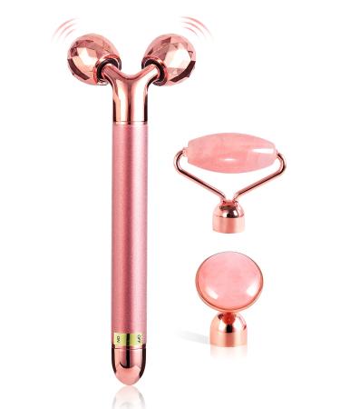 3in1 Face Massager For Women 3D V Line Lifting Rose Quartz Face Roller Skin Care Tools Eye Massager Tool Face Lift Double Chin Reducer HANABEE Facial Massager Skin Roller (Pink)