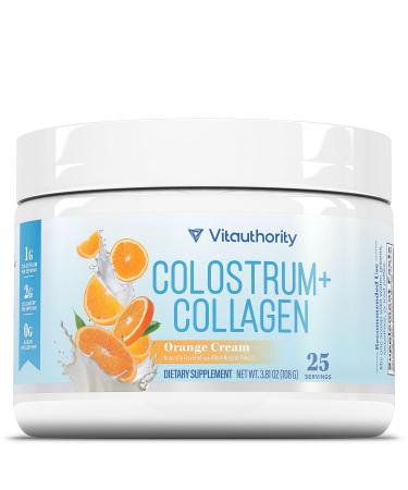 Colostrum Collagen Powder Hydrolyzed Peptide HydroPeach Gut Health Skin & Immune Support | 1g Bovine Colostrum 2g Collagen Peptides 20mg Peach Ceramides | Orange Cream Flavored 25 Servings No Sugar