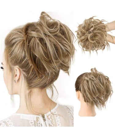 HMD Tousled Updo Messy Bun Hairpiece Hair Extension Ponytail with Elastic Rubber Band Updo Ponytail Hairpiece Synthetic Hair Extensions Scrunchies Ponytail Hairpieces for Women(Tousled Updo Bun, 12H24(light Brown Mix Natur