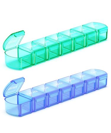 Extra Large Pill Organizer 2 Pack, XL Pill Box 7 Day, Weekly Pill Case with Large Capacity, Jumbo Organizer, BPA Free (Blue+Green)