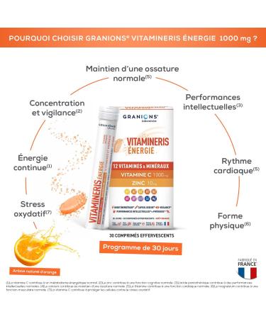 Granions Vitamineris Energy 1000mg - 30 Effervescent Tablets 30 Days - Continuous Energy - Intellectual and Physical Performance - 12 Vitamins and Minerals - Made in France - Buy Online on GoSupps.com