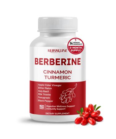 Berberine 14-in-1 Supplement with Ceylon Cinnamon Apple Cider Vinegar Turmeric Bitter Melon Holy Basil Milk Thistle Fenugreek Gymnema Banaba - Made in The USA 150 count (pack of 1)