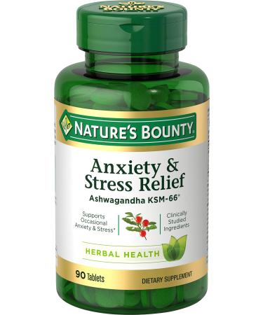 Nature's Bounty Stress Relief Ashwagandha KSM-66 Supports Occasional Stress Relief Dietary Supplement 2 Tablets per Day Vegetarian Tablets Gluten Free 90 Ct 90ct (Pack of 1)