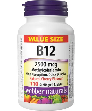 Webber Naturals Vitamin B12 2500 mcg Quick Dissolve 110 Tablets Natural Cherry Flavour Supports Energy Production and Metabolism 110 count (Pack of 1)