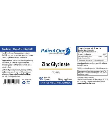 Patient One Zinc Glycinate 30mg - 90 Vegetarian Capsules | High Quality Zinc Supplement - Buy Online on GoSupps.com