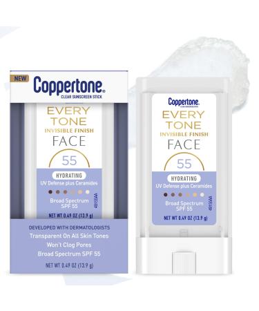 Coppertone Every Tone Invisible Finish Hydrating UV Defense Face Sunscreen Stick SPF 55 with Moisturizing Ceramides Blends in Clear Sunscreen for All Skin Tones 0.49 Oz Stick