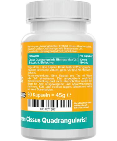 Cissus Quadrangularis Capsules - High Dose 400mg Blatt Extract (12:1) - 4800mg Leaf Powder - Vegan - Additive-Free - Quality from Germany - Lab Tested - Vitamine LL  - Buy Online on GoSupps.com