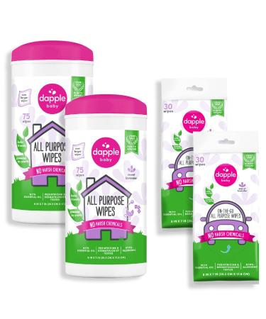 All Purpose Wipes by Dapple Baby, Hint of Lavender, 75 Count Canister (Pack of 2) + 30 Count Pouch (Pack of 2) - Plant Based & Hypoallergenic Cleaning Wipes 210 Count (Pack of 1)
