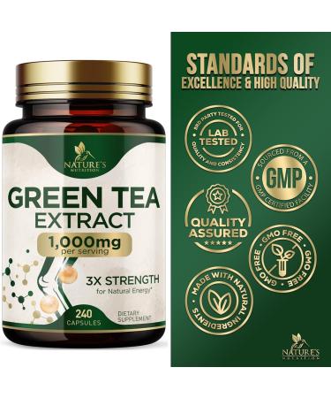 Green Tea Extract Capsules 1000 mg - Standardized 45% EGCG & 98% Polyphenols - 3X Strength Green Tea Pills for Natural Energy - Supports Heart Health Herbal Supplement Vegan Non-GMO - 240 Capsules 240 Count (Pack of 1) - Buy Online on GoSupps.com
