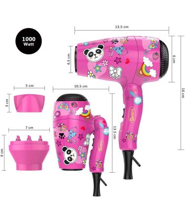 Deogra 1000W Children's Hair Dryer Pink - Portable Mini Hair Dryer for Kids with UK Plug, Dual Voltage for Travel, Includes Concentrator and Diffuser Nozzle - Buy Online on GoSupps.com