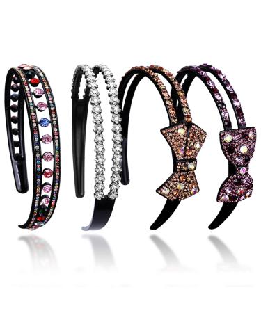 CORGIMHZ 4 Pack Rhinestone Headband with Teeth Comb for Women Girls Colorful Bling Bling Plastic Hair Band Hoop with Double Rows Crystal Hairbands Non-Slip 4 Pattern
