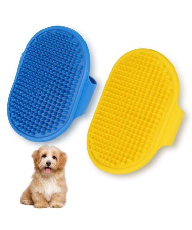 Heyu-Lotus Dog Bath Brush 2 Pcs Pet Bath Brush with Adjustable Ring Handle Soothing Massage Rubber Comb for Long Short Haired Dogs and Cats (Blue and Yellow)