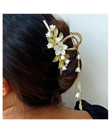 Butterfly Flower Hair Barrettes Vintage French Pearl Ginkgo Leaf Tassels Claws Floral Hair Clips Accessories for Women Girls (Style B)