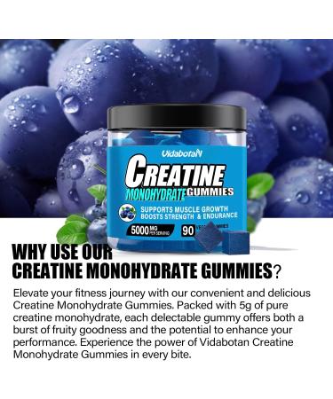 Sugar Free Creatine Monohydrate Gummies - Vegan 5g Creatine per Serving Blueberry Flavor for Muscle Mass - 90 Count - Buy Online on GoSupps.com
