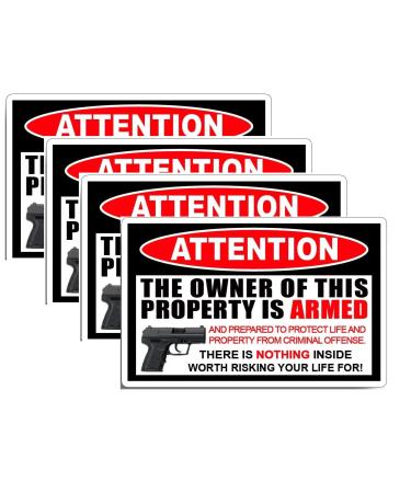 4 pcs Security Warning Sticker Decal Gun Handgun Pistol, 4 inches - Owner of This Property is Armed, Window Sticker, Door 4in 4pcs