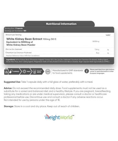 White Kidney Bean Extract 5000mg - 180 Vegan Capsules | Zinc & Chromium Enriched | High Strength Supplement | Gluten Free - Made in UK - Buy Online on GoSupps.com