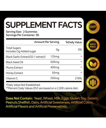 Warmbioder Black Garlic Black Seed Oil Gummies with Honey Vitamin C Plums Extract Overall Health Non-GMO & Vegan Black Garlic Flavored - Buy Online on GoSupps.com