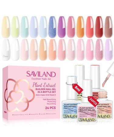 SAVILAND Builder Nail Gel: 24 Colors Castor Oil Builder Nail Gel Kit Vitamin E Nail Strengthener Hard Gel Nail Extension Builder Gels in a Bottle Home Women Builder Gels for Nails Nail Care Repair Fantastic 24 colors